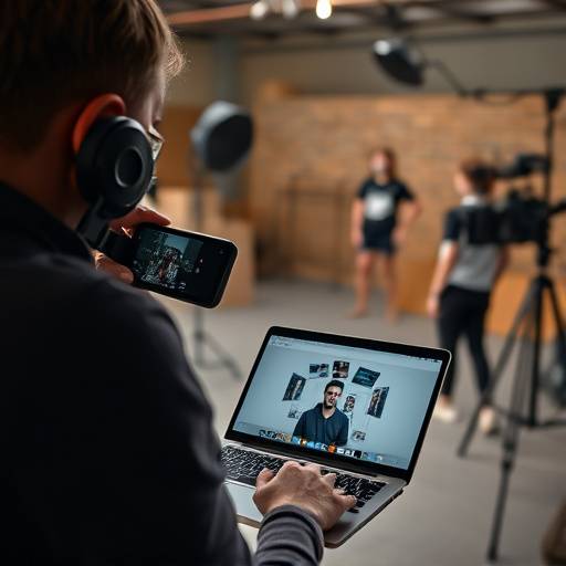 Image d'une personne gérant un site de tournage avec un ordinateur portable et un téléphone, supervisant l'activité.