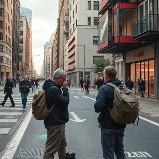 Image d'une équipe de repérage de lieux utilisant des outils de cartographie et de photographie dans un paysage urbain.