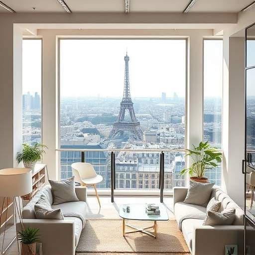 Intérieur lumineux et moderne d'un loft parisien avec une vue panoramique sur la ville.