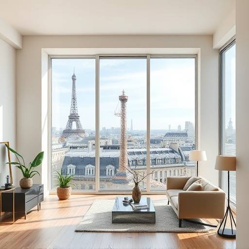 Intérieur moderne d'un loft à Paris avec une vue imprenable sur la ville.