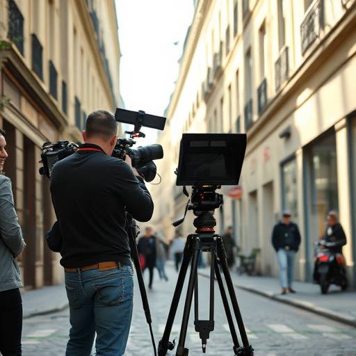 Une équipe de tournage filmant une scène dans une rue pittoresque de Paris
